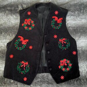 Vintage Embroidered Black Velvet 1980s Christmas Vest